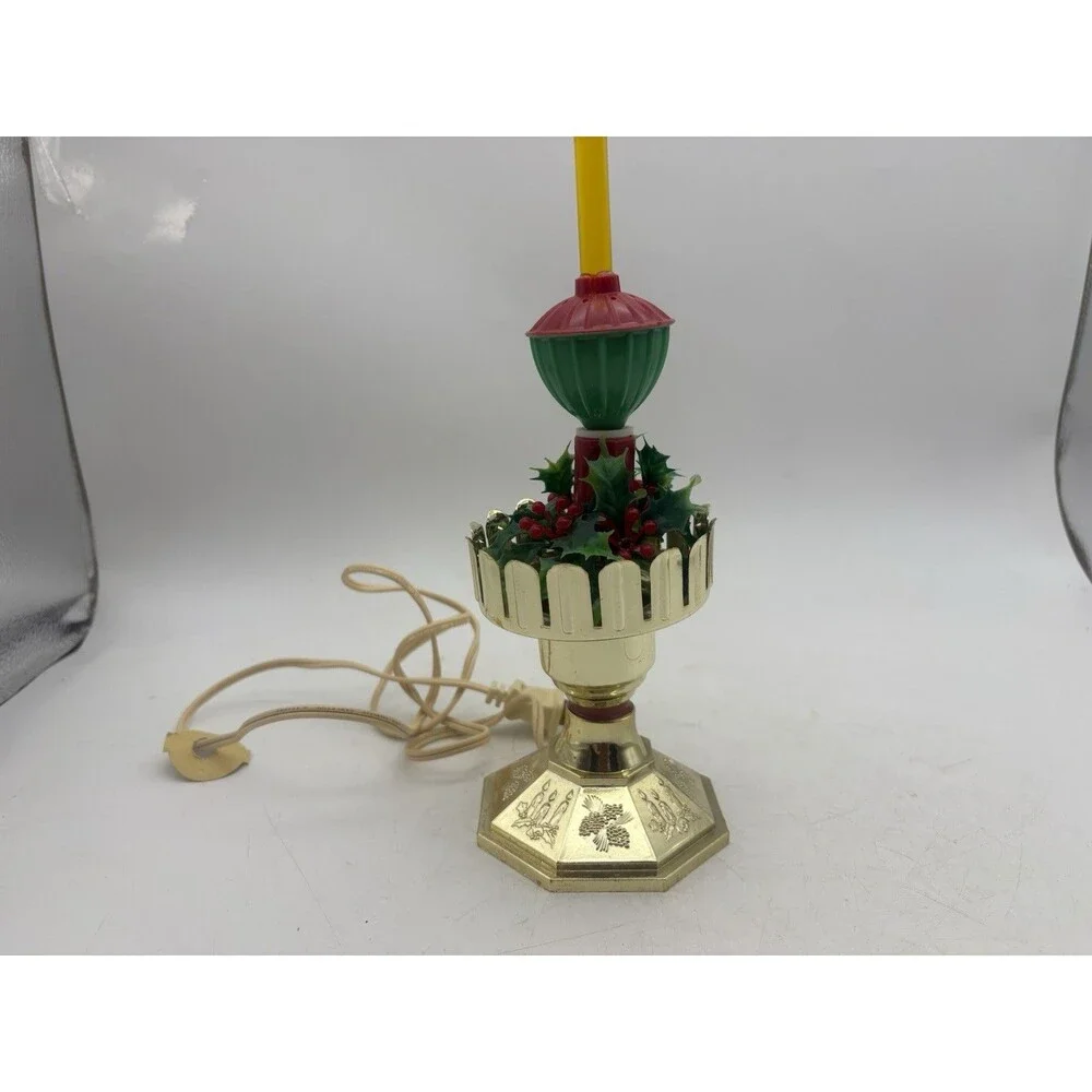 Vintage Christmas Electric Candle Lamp Holly Berries Gold Tone Lighted Decor